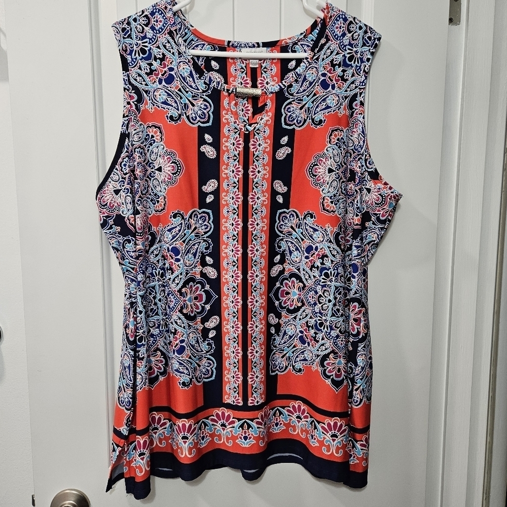 Avenue Boho Sleeveless Top - Orange and Blue - Plus Size 18/20
